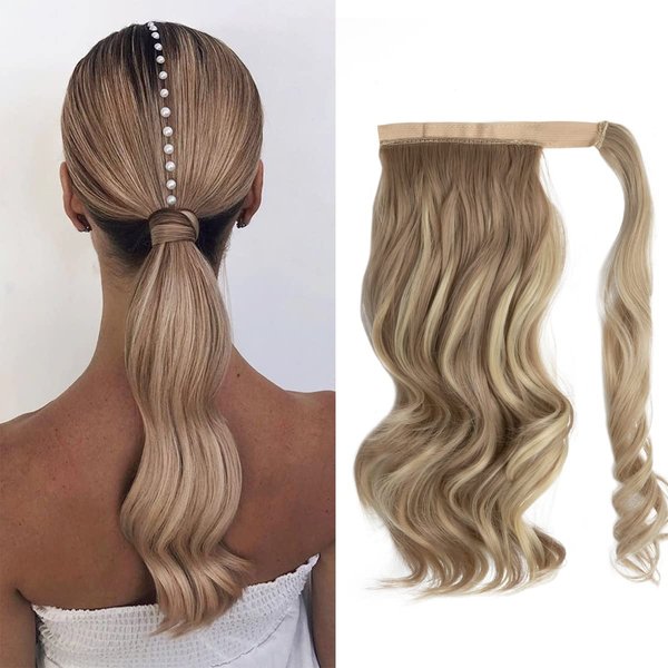 CJL HAIR 22" Ponytail Extension Long Dirty Blonde Pony Tail Wrap Around Clip in Hair Extensions Curly Wavy Synthetic High Resistant Fiber Fake Hairpiece for White Women