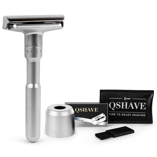QSHAVE Premium Quality Adjustable Double Edge Safety Razor 700 (1 Razor, 1 Stand, 1 Leather Protective Sleeve & 5 pcs Titanium Coated Blades)