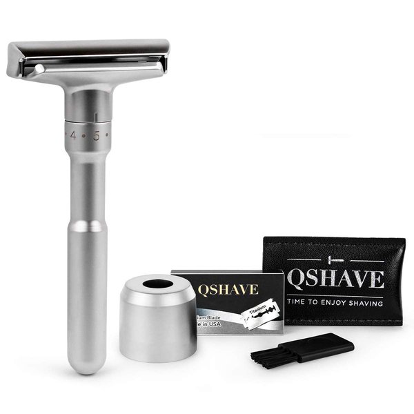 QSHAVE Premium Quality Adjustable Double Edge Safety Razor 700 (1 Razor, 1 Stand, 1 Leather Protective Sleeve & 5 pcs Titanium Coated Blades)