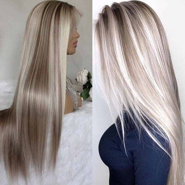 Aisom Long Straight Synthetic Wig Mixed Brown and Blonde Color Ombre Lace Front Wigs for Women Highlight Wig (22IN Straight Blonde)