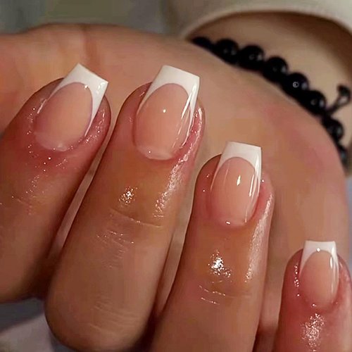 White French Tip Press on Nails Short Square Fake Nails Glossy Pink False Nails Reusable Full Cover Stick on Nails Acrylic Artificial Nails Glue on Nails Short Coffin Nails Press on for Women Girls