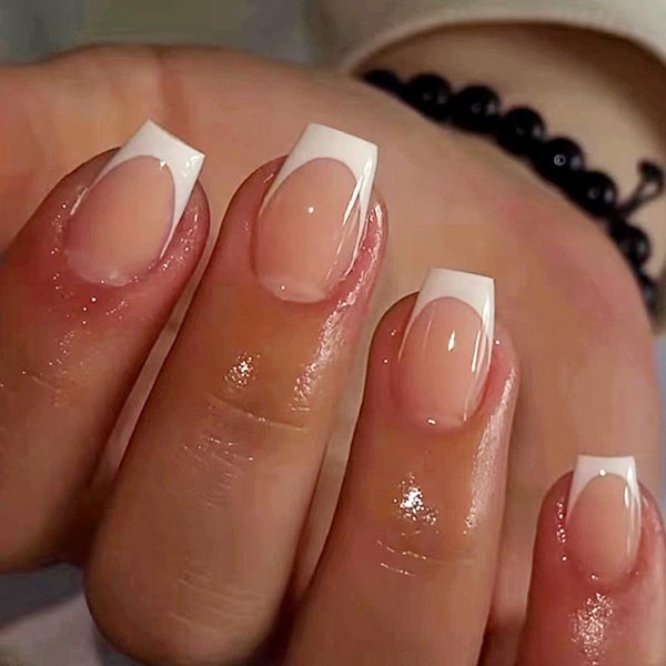 White French Tip Press on Nails Short Square Fake Nails Glossy Pink False Nails Reusable Full Cover Stick on Nails Acrylic Artificial Nails Glue on Nails Short Coffin Nails Press on for Women Girls