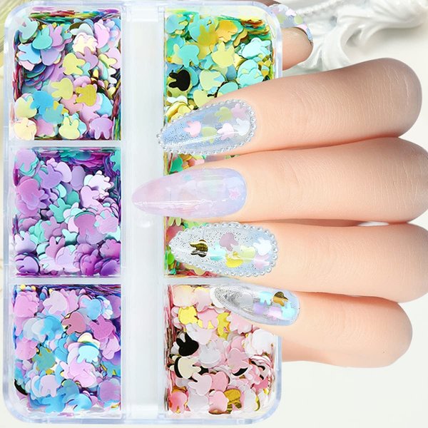 Bunny Nail Art Glitter Sequin Nail Art Supplies Easter Nail 3D Holographic Rabbit Flake Sparky Metallic Bunny Shaped Design Easter Day Decoration DIY Accessories for Women Girl