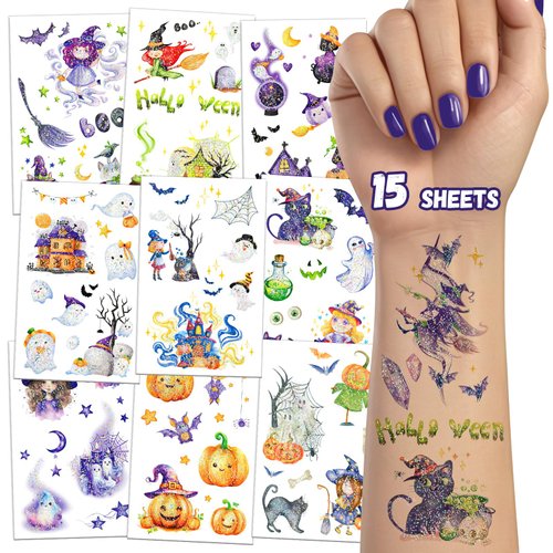 TatoYard 15 Sheets Halloween Glitter Fake Tattoo Kit for Party Favors Supplies, Cool Temporary Tattoos Stickers for Halloween Decorations, Bulk Children Washable Tattoos for Festival Accessories