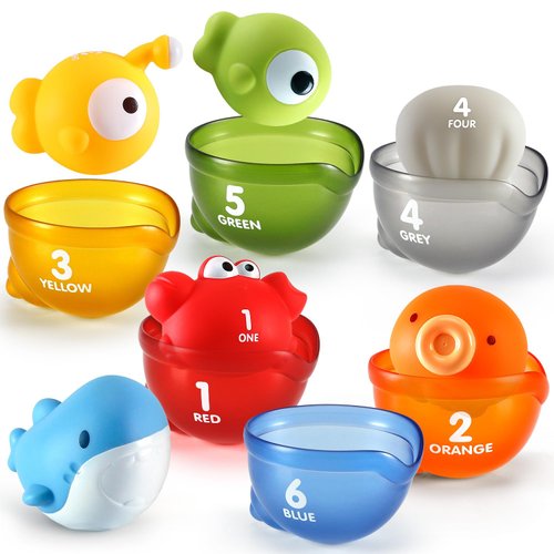 Education Bath Toys for 1 2 3 Year Old - Baby No Hole Bath Toys with Stacking Cups - Montessori Learning Toys for Babies 12-18 Months - Toddler Floating Toys for Kids Ages 1-3
