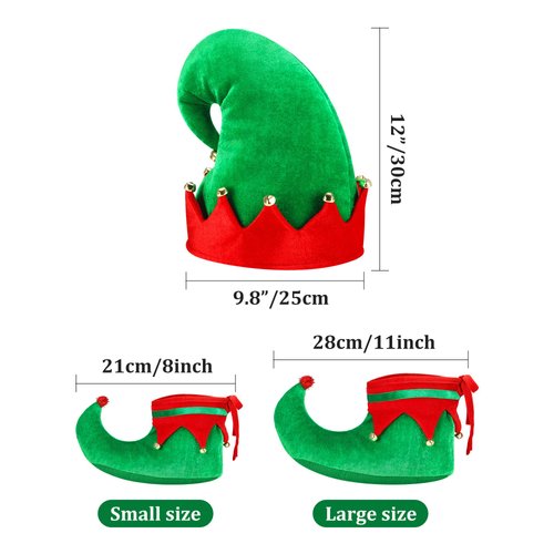 SATINIOR Christmas Santa Elf Shoes and Hat Christmas Red and Green Costume Accessory Set(28 cm/ 11 Inch,Bright Color)
