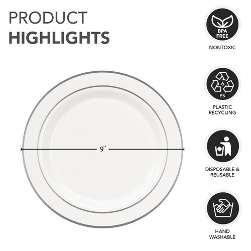 Party Essentials 12-Count Hard Plastic 9" Divine Dinnerware Disposable China Lunch/Dinner Plates, White with Silver Band
