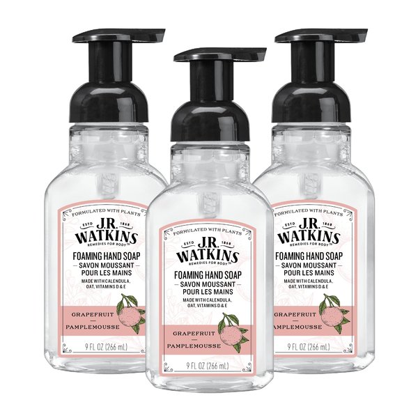 J.R. Watkins Foaming Hand Soap with Pump Dispenser, Moisturizing Foam Hand Wash, All Natural, Alcohol-Free, Cruelty-Free, USA Made, Grapefruit, 9 fl oz, 3 Pack