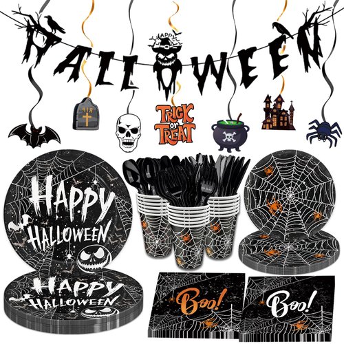 176 PCS Halloween Party Supplies Halloween Party Decoration Includes Plates, Napkins, Cups, Cutlery, Banner, and Hanging Swirls for Halloween Birthday Party Decorations, 24 Serves