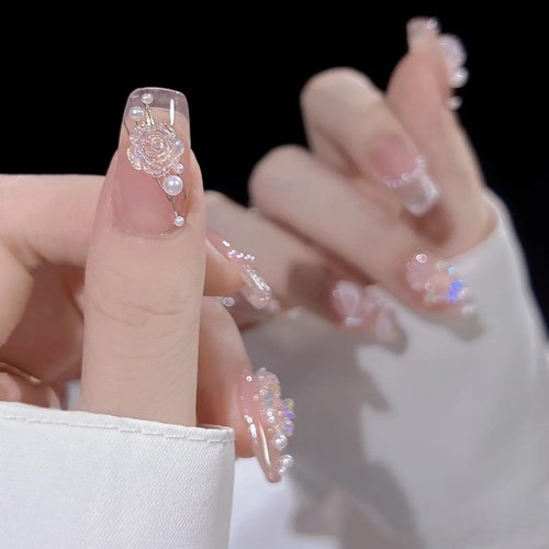 Rchovsam Medium Length Press On Nails Square Fake Nails Butterfly and Flowers Glue on Nails Ribbons with Pearls Glitter Stick on Nails for Womens Girls