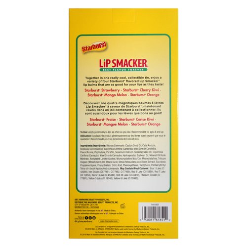 Lip Smackers (1) 4pc Lip Balm Tin Set Starburst Flavors - Strawberry, Cherry Kiwi, Mango Melon, Orange - Holiday Edition - Yellow Tin with Starburst Candy Design - Net Wt. 0.56 oz