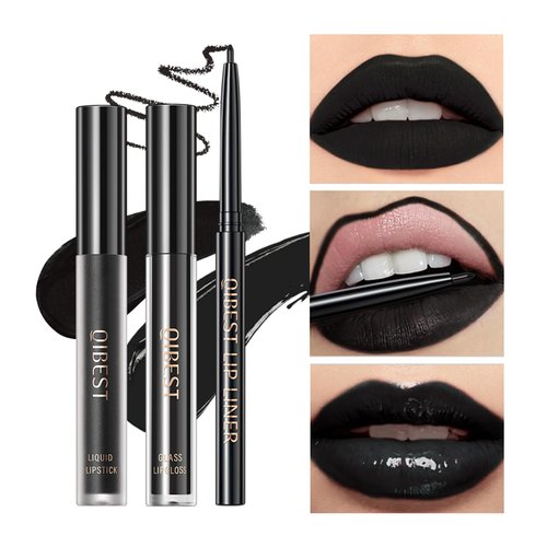 3Pcs Black Matte Liquid Lipstick, Lip Liner, Lip Gloss Trio Lip Set - One Step Halloween Lips Makeup Kits Waterproof Long-Lasting Moisturizing Velvety Black Lip Stain Make Up Gift Set (12#)