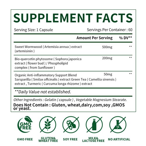 MuuKoo 500 mg Artemisinin,Supports Healthy Aging, Digestion, and Immunity - Vegan, Non-GMO - Artemisia Annua Supplement,Bio-Qurecetin phytosome Extract with Quercetin Phytosome 200 mg, 60 capsul