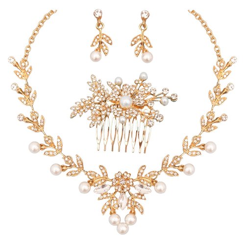 Aixiao Elegant Bridal Jewelry Set for Wedding Bride Bridesmaids Pearl Rhinestone Necklace Earrings Hair Side Comb Headpiece Accessories for Women (style B-gold)