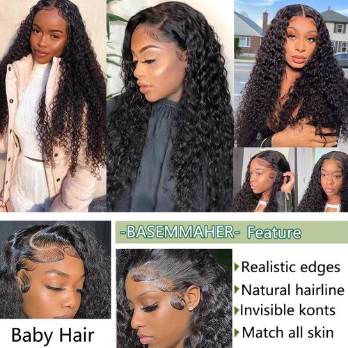 BASEMMAHER Lace Front Wigs for Black Women Deep Wave Lace Front Wigs Synthetic Hair Pre-Plucked Long Wavy Frontal Wig 28" Fake Scalp Middle Part Crimps Curls Hair Replacement Wigs for Daily Use