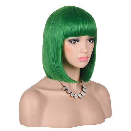 KADAISI Short Straight Bob Wigs With Bangs Full Heat Resistant Hair Wig for Women's Cosplay (Green)