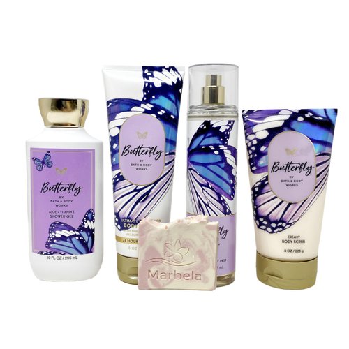 Bath & Body Works Butterfly - Deluxe Gift Set- Fine Fragrance Mist, Body Cream, Shower Gel and Body Scrub With a Himalayan Salts Springs Sample Soap.