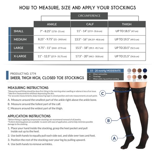 Truform Sheer Compression Stockings, 15-20 mmHg, Women's Thigh High Length, 20 Denier, Charcoal, Small