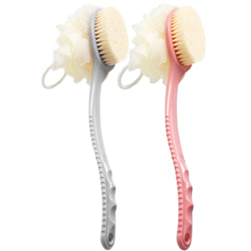 AARainbow 2 Packs Shower Body Brush with Bristles and Loofah, Back Scrubber Mesh Sponge with Curved Long Handle for Skin Exfoliating Bath, Massage Bristles Suitable for Men and Women (1Gray+1Pink)
