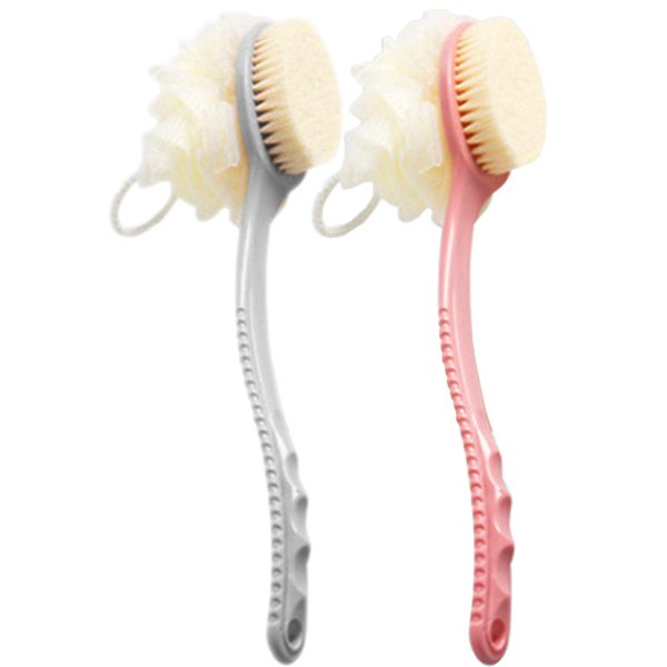 AARainbow 2 Packs Shower Body Brush with Bristles and Loofah, Back Scrubber Mesh Sponge with Curved Long Handle for Skin Exfoliating Bath, Massage Bristles Suitable for Men and Women (1Gray+1Pink)