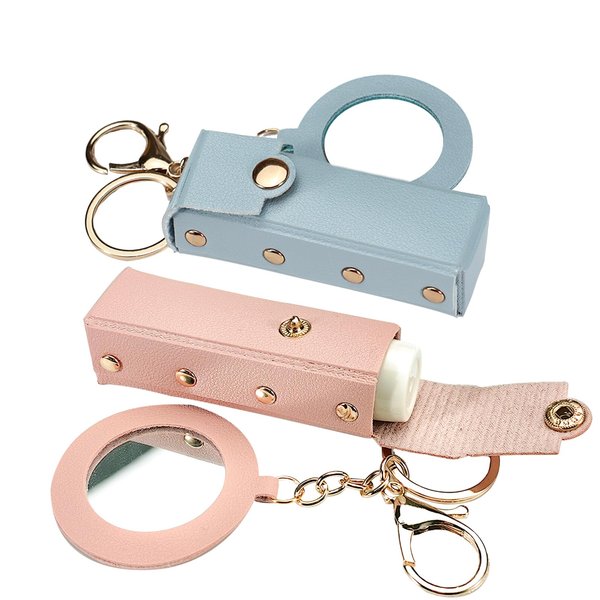 LELE LIFE 2 Pack Lipstick Holder Keychain with Mirror, Leather Lipstick Case Lip Balm Holder, Portable Lip Gloss Organizer Bag with Clip for Travel (Pink + Blue)
