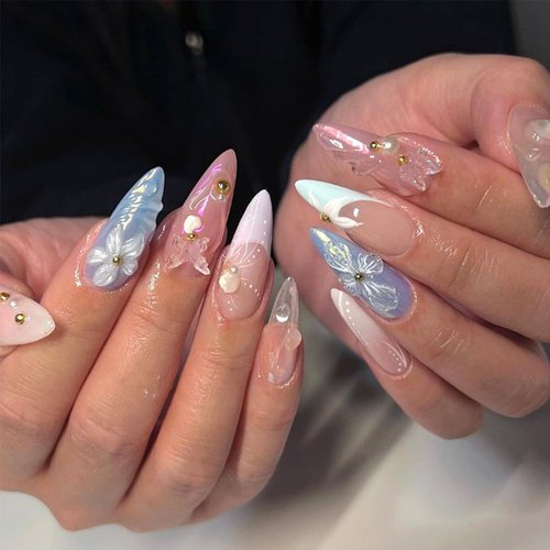 Stiletto Press on Nails Medium Almond Fake Nails French Tip False Nails with Designs 3D Butterfly Flowers Pearls Glue on Nails Full Cover Glossy Acrylic Stick on Nails for Women Girls 24Pcs