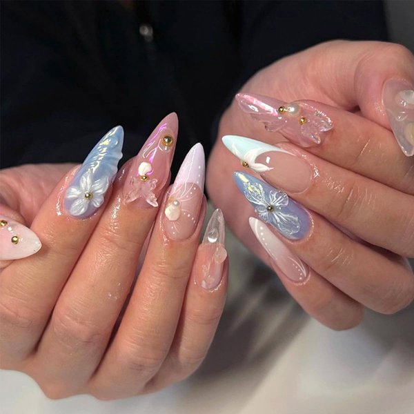 Stiletto Press on Nails Medium Almond Fake Nails French Tip False Nails with Designs 3D Butterfly Flowers Pearls Glue on Nails Full Cover Glossy Acrylic Stick on Nails for Women Girls 24Pcs