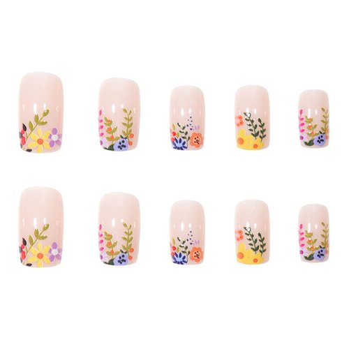 Square Press on Nails Short - TUZADNW Flower Design Short Fake Nails Press ons,24 Pcs Artificial Nude Full Cover Glue on Nails Glossy Stick on Acrylic Nails for Women