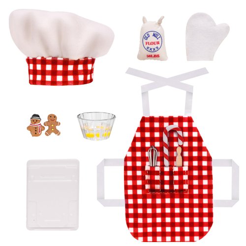 HOJADA Mini Apron Clothing for Doll Christmas Elf Doll Baker Set Elf Chef Clothing Dress up Accessories Including Chef Hat,Rolling Pin,Egg Beater,Baking Glove ect.