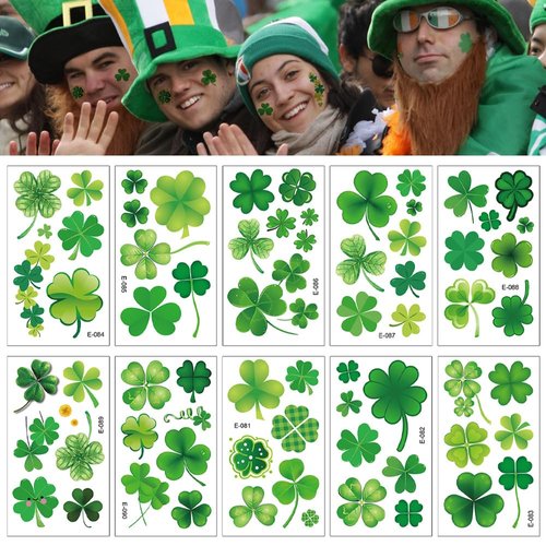NALoRa 10 Sheets St. Patrick's Day Temporary Tattoos 78 Pcs Shamrock Tattoos Stickers Saint Patrick’s Day Stickers for Face Body Arms Decoration Green Clover Party Supplies for Kids Adults