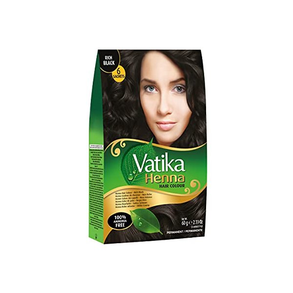 Dabur Henna Hair Color - Zero Ammonia Henna for 100% Grey Coverage, Strong and Shiny Hair, 6 Sachets X 10g (Rich Black)