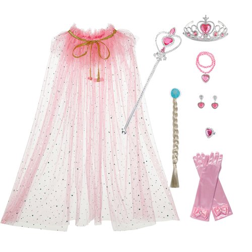 Princess Cape Set 10 Pieces Dress Up Accessories Party Cosplay Cloak Costumes with Jewelry Tiara Crown Wand Wig Golves for Little Girls(Pink)