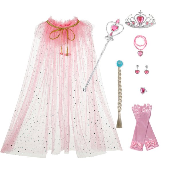 Princess Cape Set 10 Pieces Dress Up Accessories Party Cosplay Cloak Costumes with Jewelry Tiara Crown Wand Wig Golves for Little Girls(Pink)