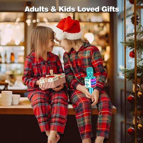 BONAOK Bluetooth Wireless Karaoke Microphone with LED Lights,4-in-1 Portable Handheld Mic with Speaker Karaoke Player for Singing Home Party Toys Birthday Gift for Kids Adults Girls Q78(Ice Blue)