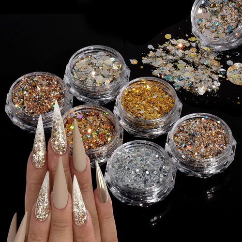 BAIYIYI Holographic Nail Glitter 6 Boxes Nail Art Sequins Sparking Vintage Gold Chunky Glitter Sequins Flakes Nail Art Design Manicure Tips Decoration