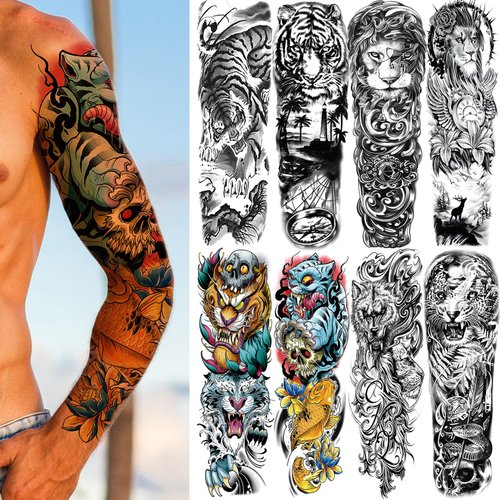 CUTELIILI Full Arm Temporary Tattoo Sleeve for Men 8 Sheets, Fake Tattoos That Look Real, Tigers