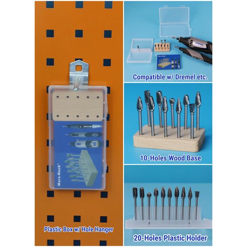 Mars-Rock Carbide Burr Set Compatible with Dremel Milwaukee 1/8" Shank 10PCS w/Wood Base Die Grinder Rotary Tool Rasp Bits Accessories Attachments Metal Wood Stone Plastic Carving Cutting Grinding