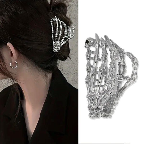 Skeleton Metal Hair Claw Clips, Y2K Silver Skeleton Designs for Women Metal Hair Grip Clamps Punk Style Hairpin Decorations Strong Hold Non-Slip Hair Catch Halloween Hair Accessories