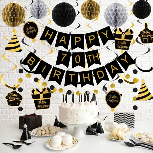 YEOCU 70th Birthday Decorations, Happy Birthday Banner with Honeycomb Balls, Gifts Hanging Swirl Streamers, Circle Dots Garland - Happy Birthday Party Decorations for Women Men (Black and Gold, 70th)