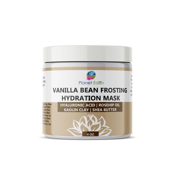 Planet Eden Vanilla Bean Frosting Face Facial Mask All Natural Spa Quality Skin Mask for Dry Dehydrated Skin Kaolin Clay, Vanilla Bean, Hyaluronic Acid, Aloe Extracts Soothing and Hydrating - 4 oz jar