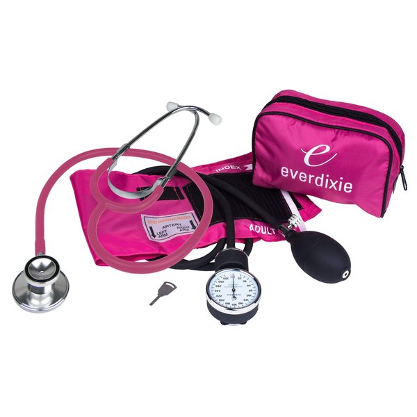 Dixie EMS Aneroid Sphygmomanometer and Dual Head Stethoscope Set with Adult Size Blood Pressure Cuff, Calibration Key and Carrying Case – Pink