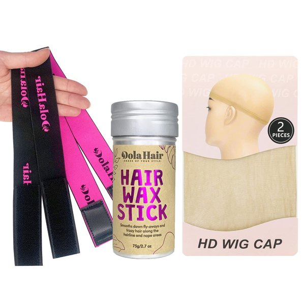 Dolahair Hair Wax Stick for Flyaways, Women, and Kids - Hair Pomade Stick (1 Pack with 2 Bands and 2 HD Wig Caps)