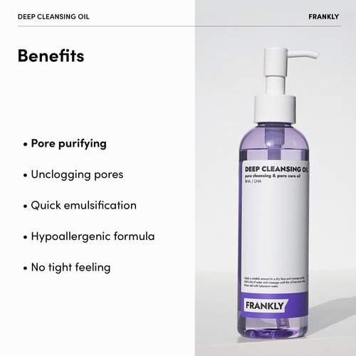 FRANKLY Deep Cleansing Oil - BHA & LHA Pore-Purifying, Blackhead Remover, Makeup Remover, Hydrating with Amino Acids & Hyaluronic Acid |All Skin Types Korean Skincare|Vegan & Cruelty-free| 6.8 fl oz