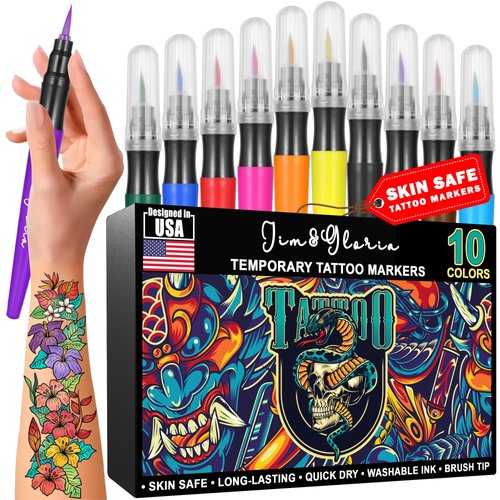 Jim&Gloria Temporary Tattoo Pens Fake Tattoos Painting Kit Removable Face Body Paint Markers for Halloween Men Women Teen Girls Gifts Trendy Stuff, Unique Trending Gift for Teenage Boys Kids or Adult