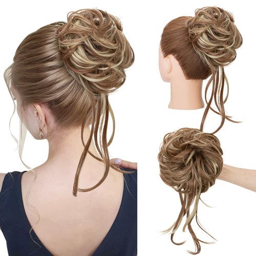 Benehair Messy Bun Hair Piece, Tousled Updo Hair Extensions Scrunchies for Women Hair Pieces for Updos with Elastic Hair Band Hairpieces for Daily Wear (Light Brown mixed Ash Blonde)