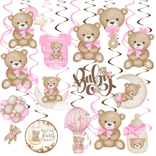 Bear Baby Shower Party Hanging Swirls We Can Bearly Wait Ceiling Streamers Bear Baby Shower Decorations 20Pcs We Can Bearly Wait Baby Shower Hanging Decorations for Girls Bear Birthday Party Supplies