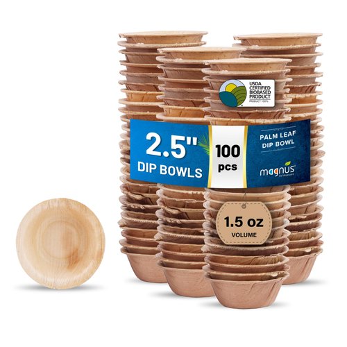 magnus | 2.5 inch Round Mini Dip Bowls 100 pcs 1.5Oz | Disposable Bowls for Party | Like Bamboo Bowls | Palm leaf Bowls for Dips | Compostable Bowls | Picnic Party Bowls better than Paper Bowls