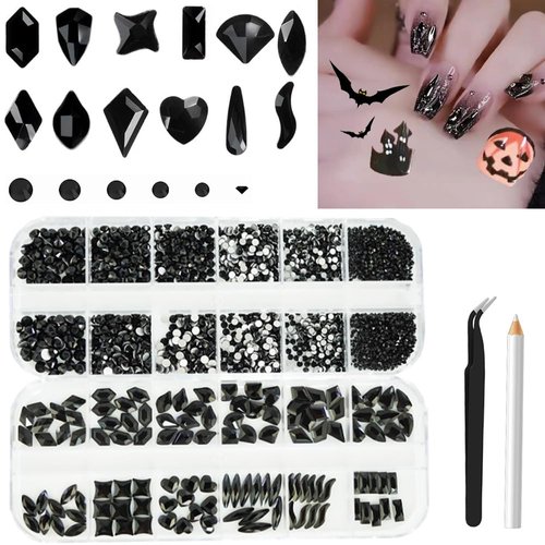 2680Pcs Black Rhinestones for Nails, Big Black Nails Charms with Small Sequined Flatback Round Beads, Black Glitter Clear Glass Diamond Stones for DIY Faces Eyes Makeup Crafts Decoration