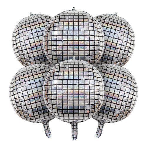 6 PCS Disco Ball Balloons Silver Disco Mylar Foil Balloons 22 Inch Huge 4D Round Metallic Sphere Disco Party Balloons for 70s 80s 90s Party Decorations Birthday Bachelorette Party Graduation