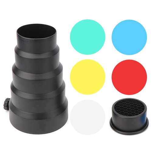 Aluminium Alloy Conical Snoot Kit, with Honeycomb Grid and 5 Pieces Color Gel Filters for Bowens Mount Studio Strobe Monolight Photography Flash Light, Speedlite Flash Accessories